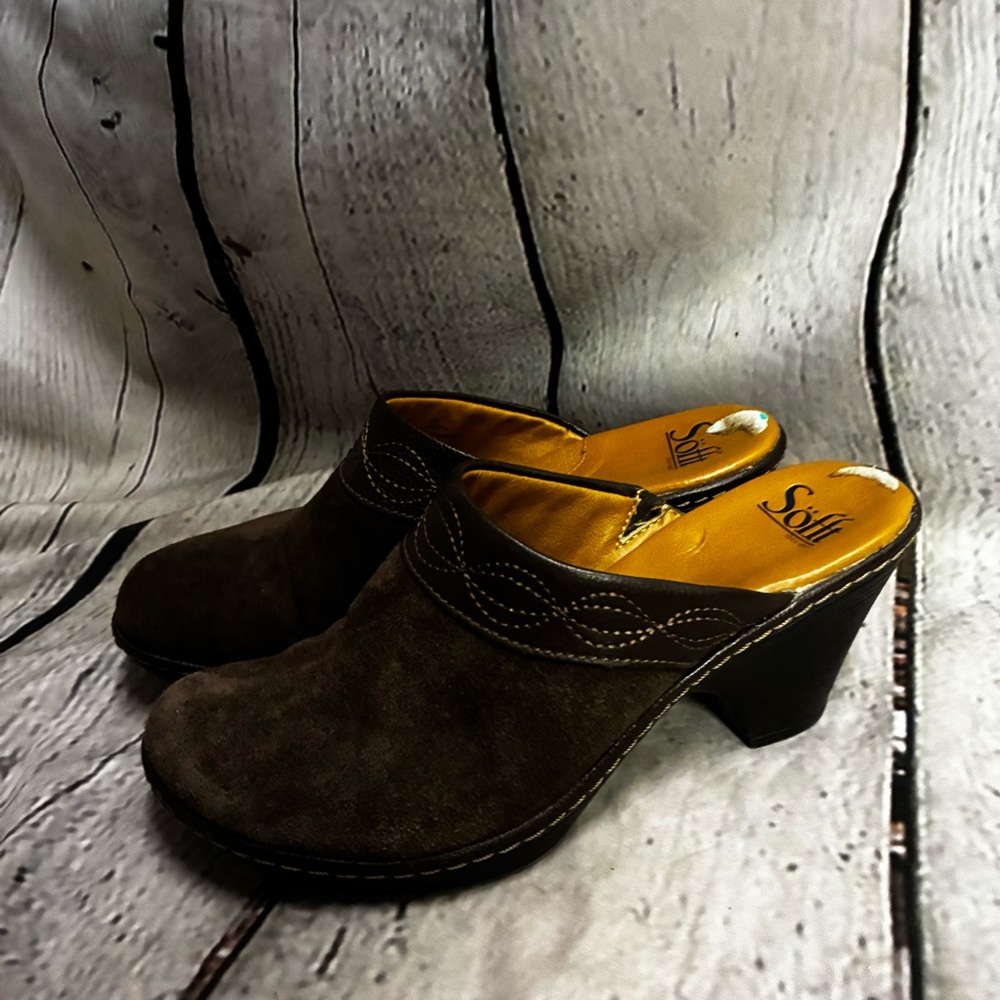Boho Chic Retro 70s Whimsigoth Cottagecore Brown Suede‎ Mules Heeled Clogs 8 GUC